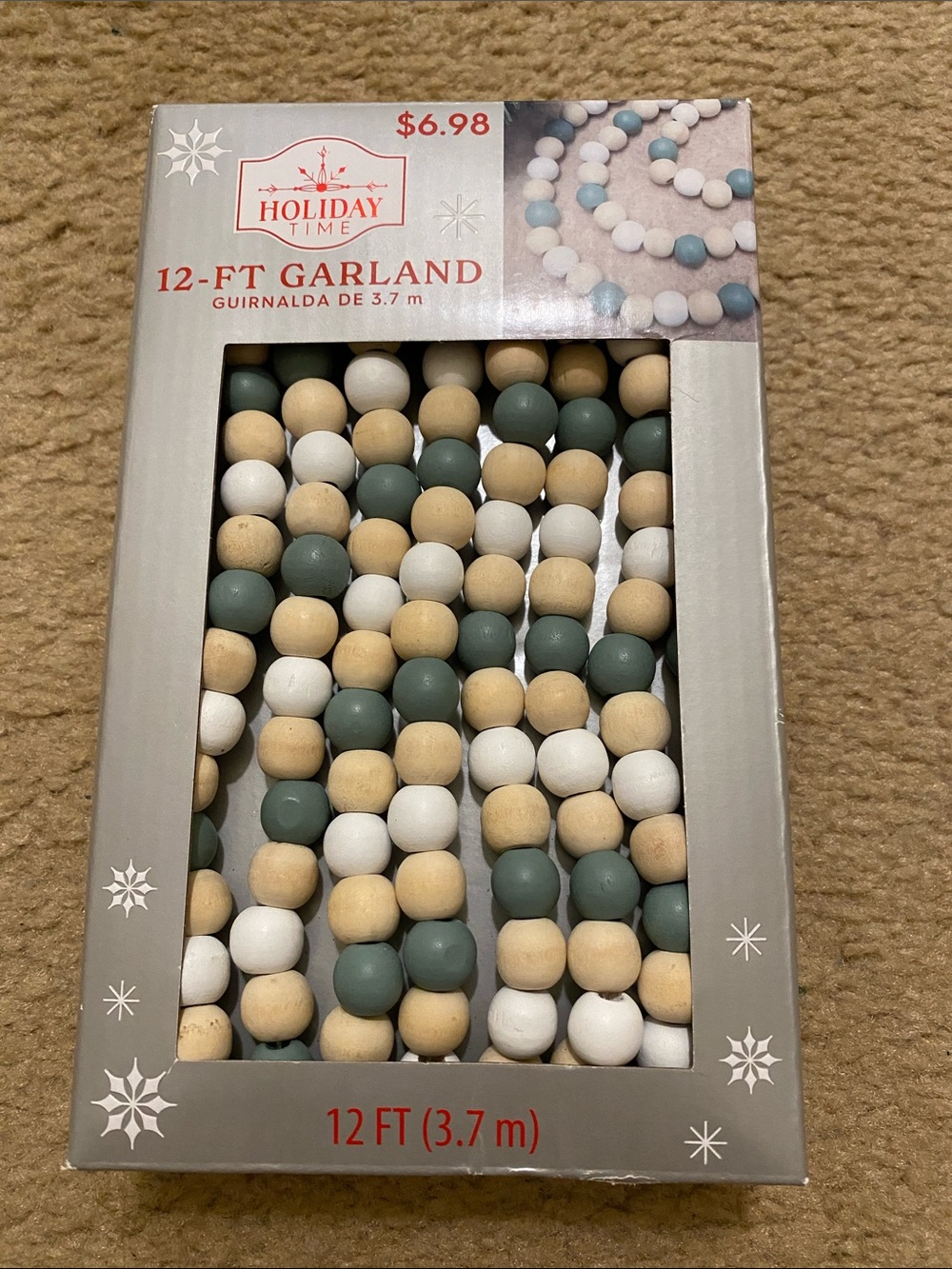Holiday Time Bead Garland in White, Cream & Sage Green - 12 feet long